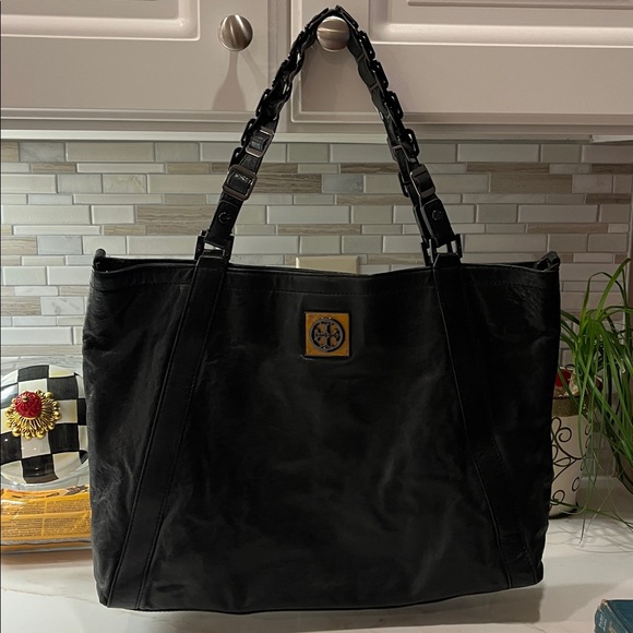 Tory Burch Black Leather Tote with Gold Logo - Picture 6 of 6